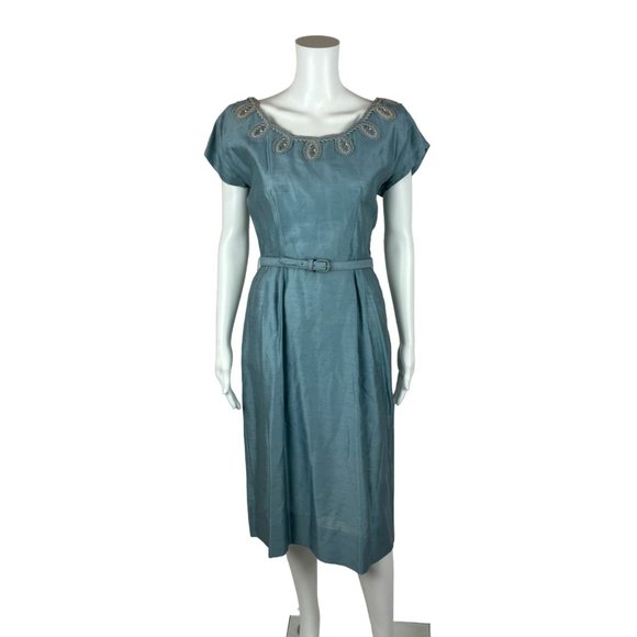Vintage 1950s Dress Set Women's Small Faux Silk Blue Cocktail Outfit - Picture 3 of 15